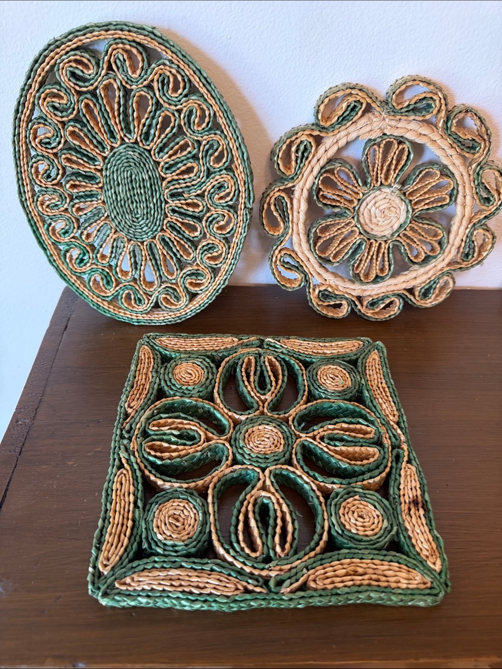 Handwoven Decorative Woven Trivets - Green and Natural Set